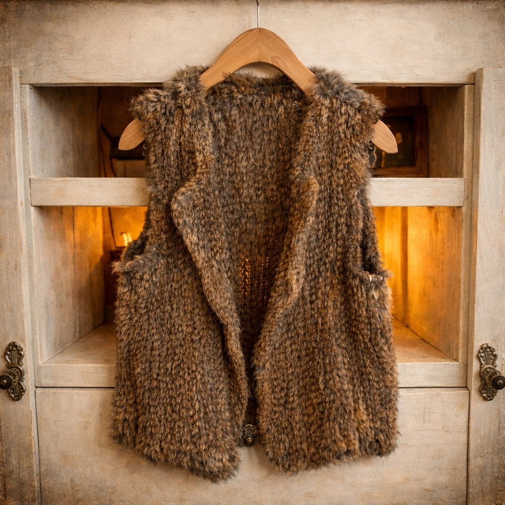525 AMERICA Rabbit Fur Vest Waterfall Open Front Brown Luxe Layer
